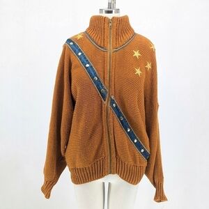 Jeene Knit Denim Zip Cardigan Sweater Brown Blue S/M retro military fall winter